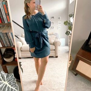 Amazon Prussian Blue Long Sleeve Tie Waist Silky Dress